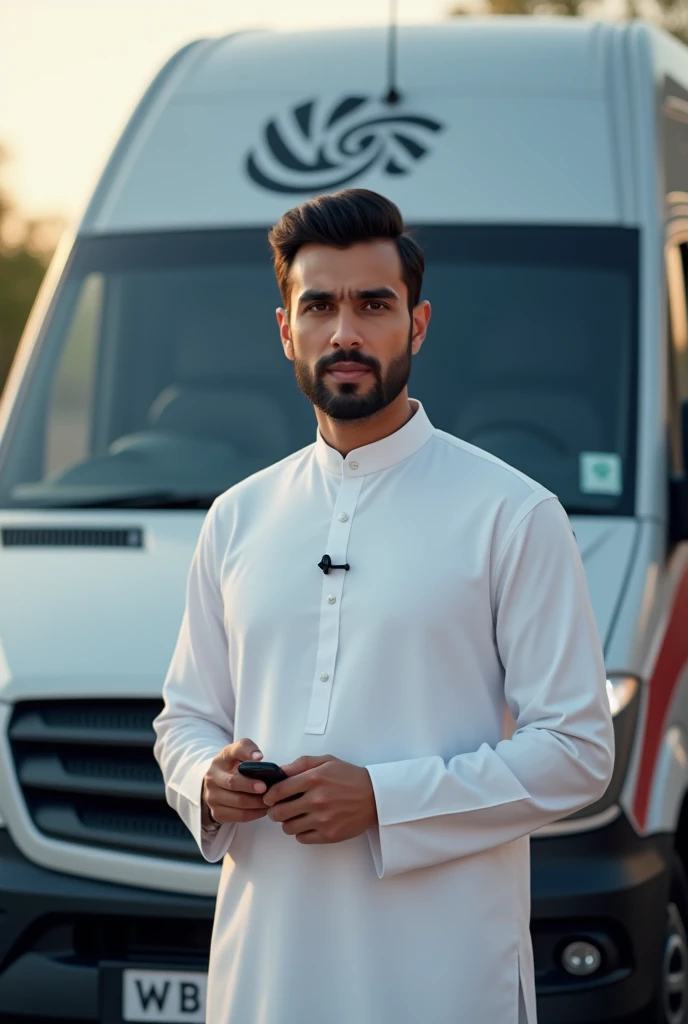 Crate a news man image with qameez shalwar and bachside news car in news logo fix clean shave and and age 30
