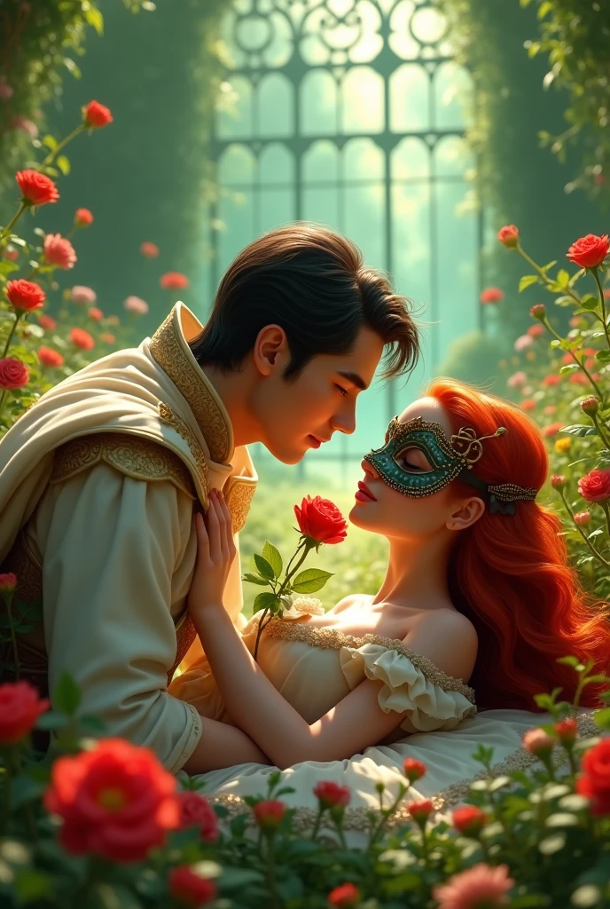 In a lush and green environment with flowers, two people - a prince and a princess are lying down, The princess has red hair and a mask.The prince was white and very handsome, and was giving a red rose to the princess, The prince is white-skinned and handsome., and they lie on the ground, The prince has WHITE SKIN, AND THEY ARE LYING ON THE FLOOR THE PRINCESS HAS A MASK ON HER FACE THE PRINCE&#39;S SKIN SHOULD BE WHITE !!
The surroundings are green and there is a green house in the back and it is very beautiful AND THE PRINCESS HAS A MASK MASK !!
