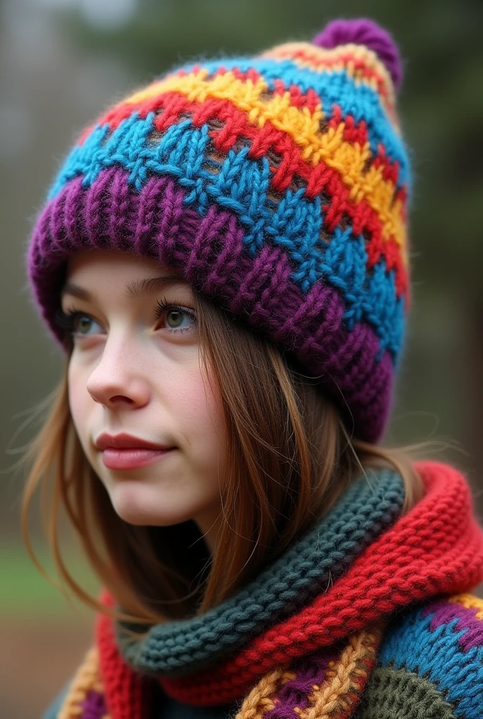 Make a wool hat with yellow, blue, red, purple, green tones 