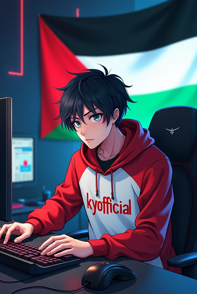 ANIME OF A MAN WEARING A RED AND WHITE HOODIE WITH WRITING "KYYOFFICIAL" WHILE PLAYING PC GAMING AND PLAYING TERMUX AND WITH A GAMING ROOM BACKGROUND WITH A PALESTINIAN FLAG MOTIF