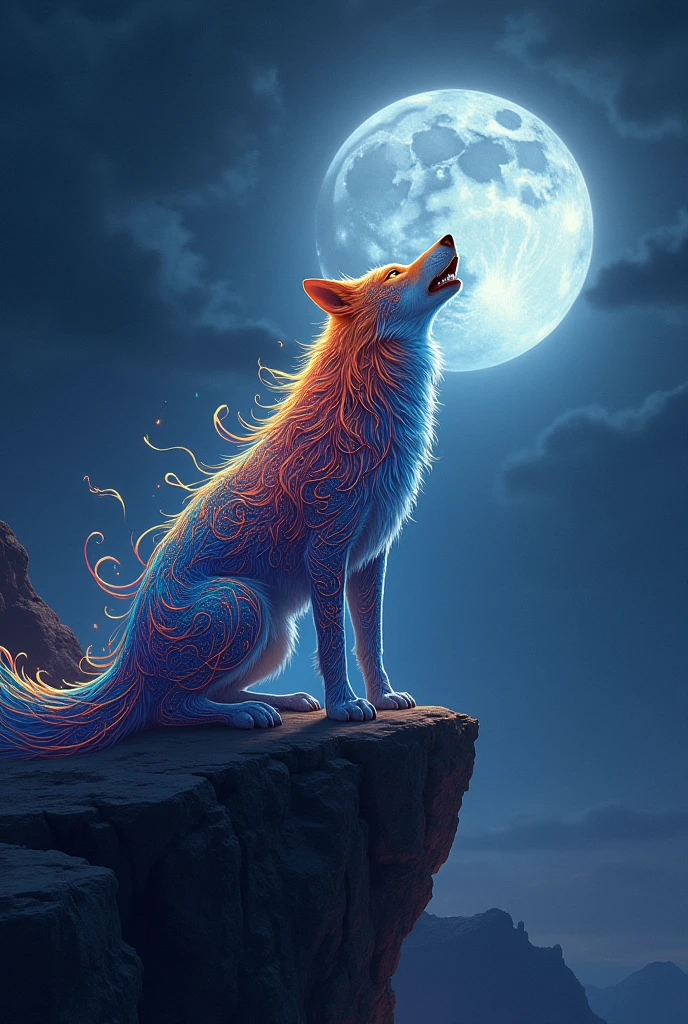 colourful wolf howling on cliff in ful moon  embelm. 
