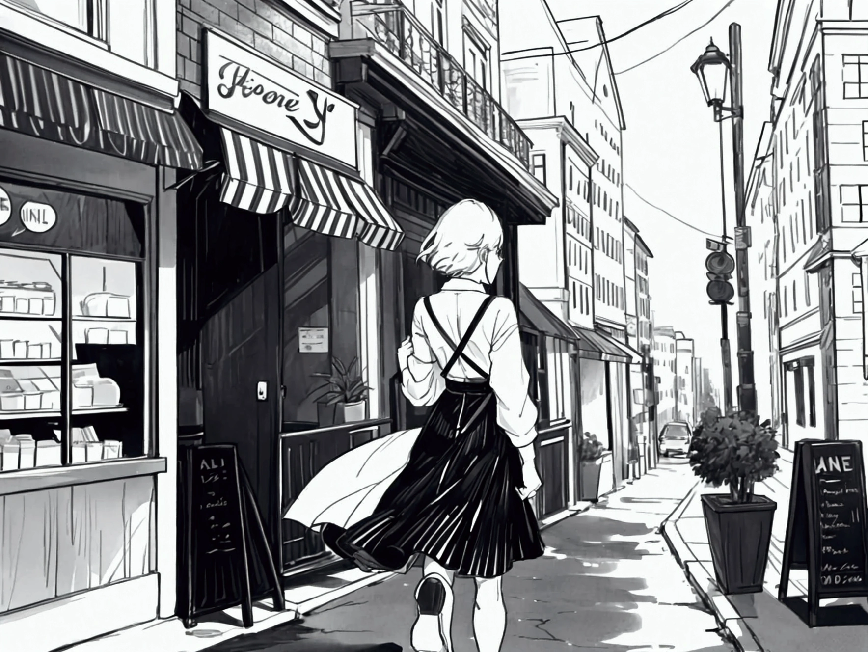 The back of a young woman walking out of a cafe 