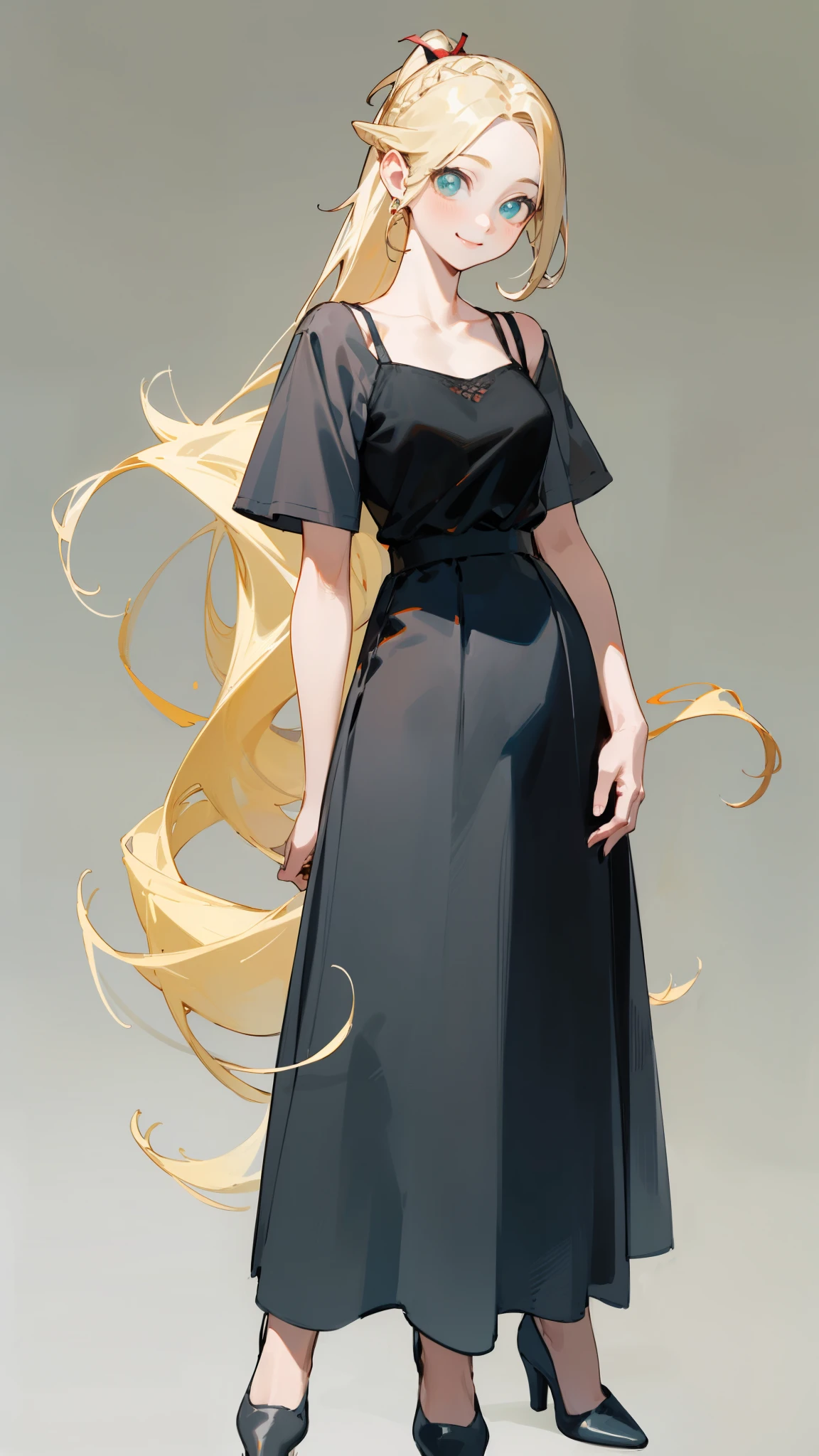 (masterpiece), ((Highest quality)), (Very detailed), (Beautiful eyes Beautiful details Eyes, Clean and delicate face), (whole body, Standing posture), Single braided blonde ponytail, Parted bangs, amount, smile, Wearing a white short-sleeved T-shirt, Layerable black camisole long dress, pumps, Simple color background