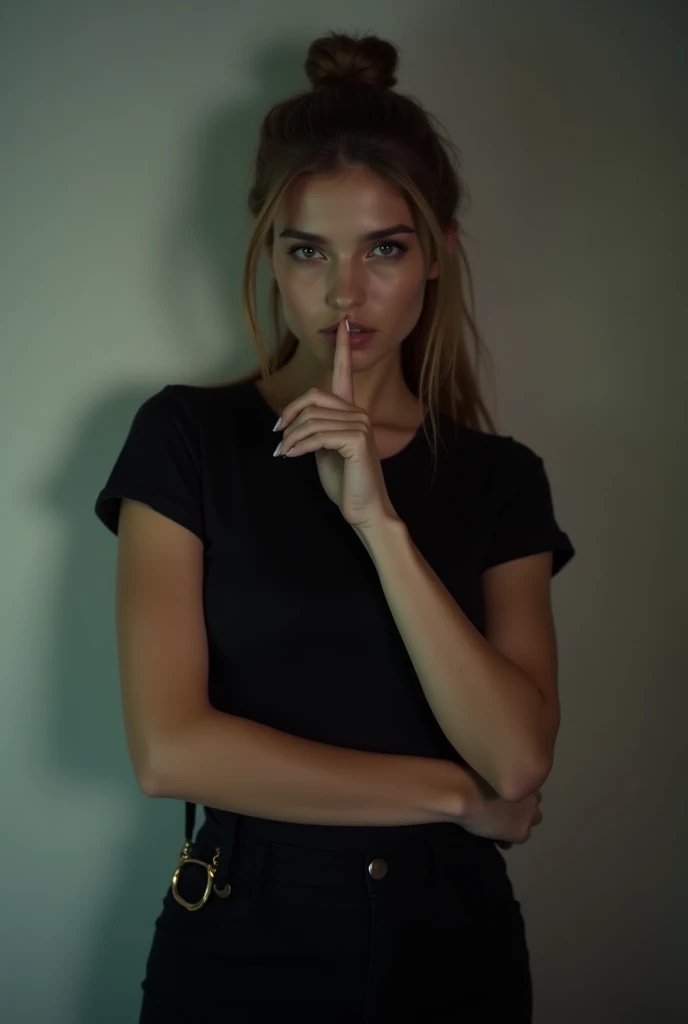 An young hot sexy girl in black t shirt having his index finger on his lips asking to be quite.