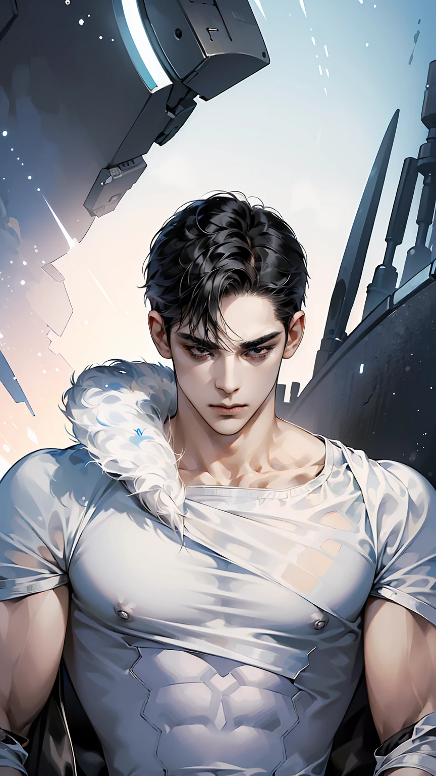 ((best quality)), ((ultra high definition)), ((masterpiece)), ((hyundai)), ((illustration)), (detailed), (clear), (Perfect), 1 man, chic, sexy, beautiful, despairing expression, Short black hair, white skin, sharp eyes, black eyes, Deep double eyelids, Pectoral muscles, Abs, Action of brushing hair back, A cold atmosphere