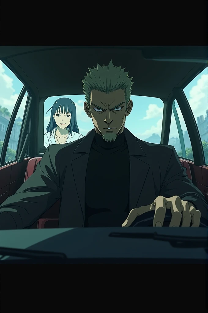 Jujutsu kaisen toji setting in car with Megumi picture show on frand angle
