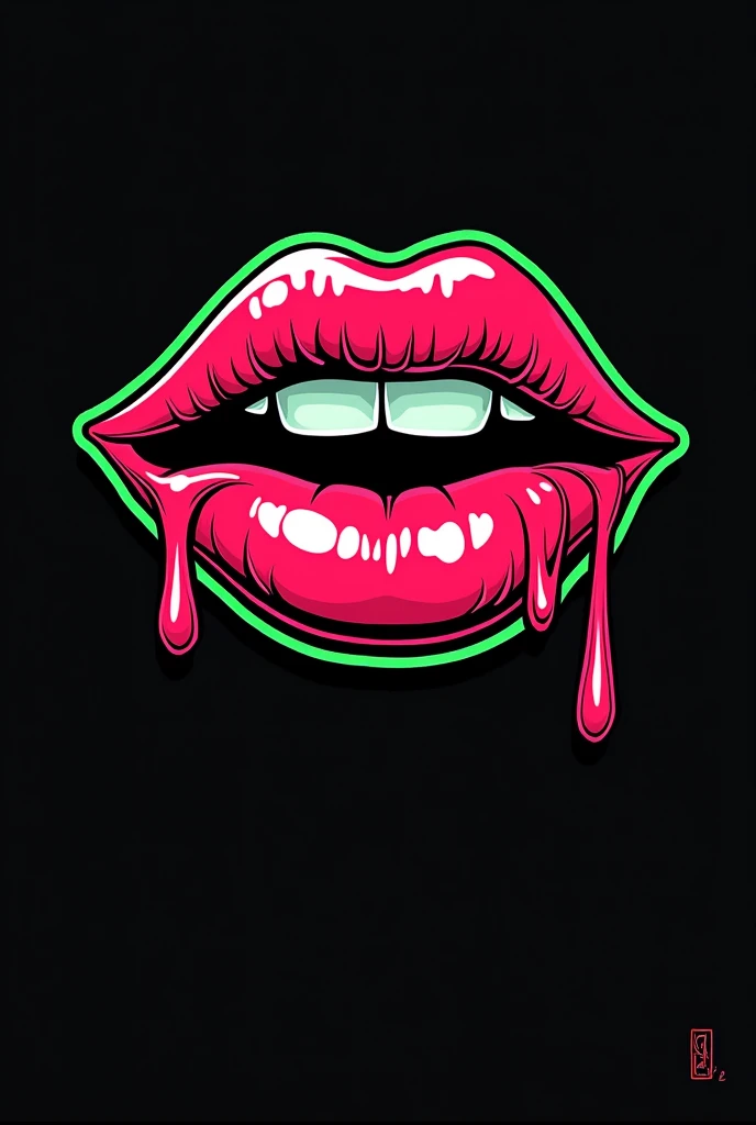 Lips Shirt print,neon green outlines,some leaks,black Background ,Pop Art stil