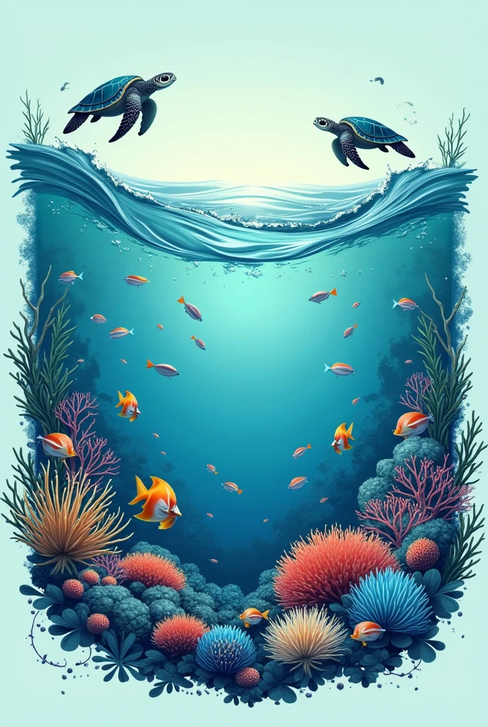 Create a T-shirt design focusing on marine conservation. Use ocean-themed graphics like waves, fish, or coral reefs, and a calming blue-green color palette. Add a powerful message like 'Save Our Seas' or 'Protect the Ocean' in a clean, modern font. The design should evoke a sense of urgency and love for the natural world."
