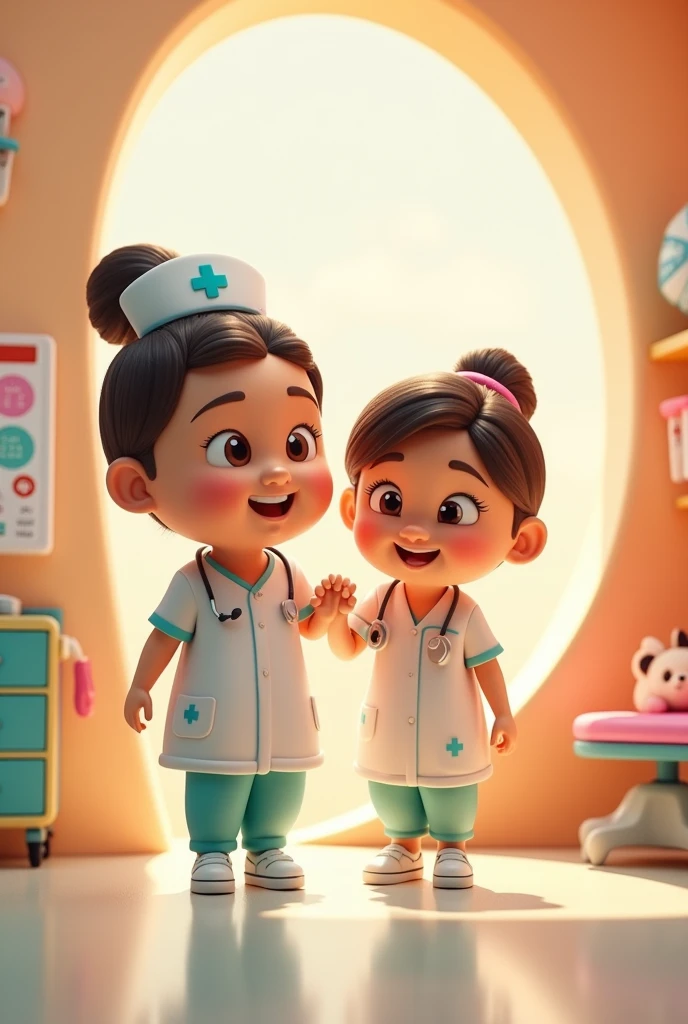 Create a 3D Pixar nurse drawing guiding a patient
