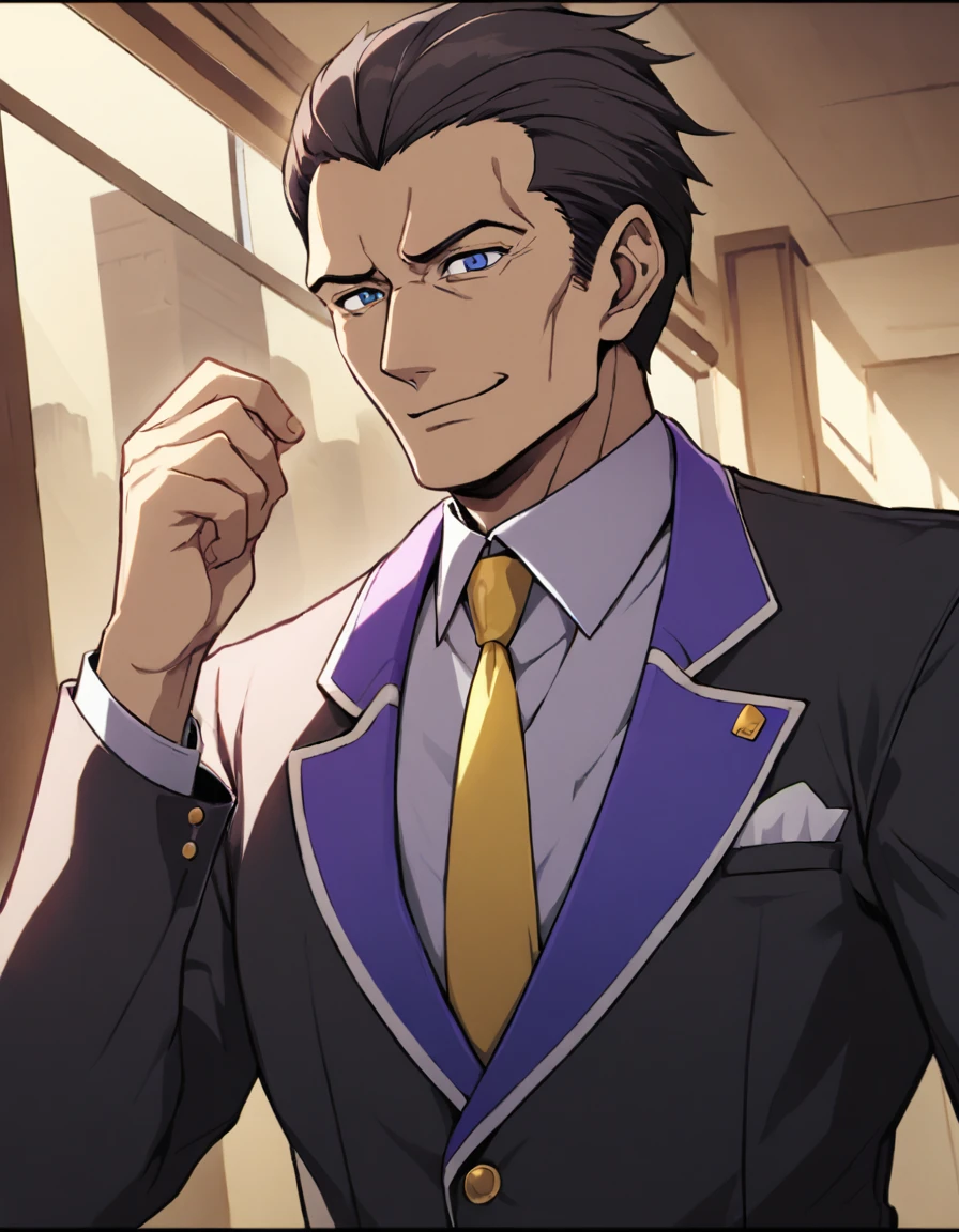 1man, (mature father in hentai CG style, dandy president, olive hair), darkblue eyes, arafed businessman hairstyle, spiky hair slicked back, ideal ratio body proportions, BREAK (over 40s, elder producer, toned dilettante, ordinary, high cheekbones, broad shoulder, square shaped face, handsome), BREAK (violet formal jacket, purplewhite shirt, yellow necktie, simple costume), BREAK solid smile, cool emotion, BREAK solo, upperlegs, smart expression, animated color, 2000s, visual novel, in nitroplus style, BREAK depth of field, dutch angle, cinematic shadows, cinematic lighting, lens flare, light leaks, texture, absurdres absolutely resolution, extreme all detailed, greatest painting, BREAK masterpiece, best quality, BREAK score_9, score_8_up, score_7_up, source_anime, rating_safe, score_6_up, score_5_up, score_4_up