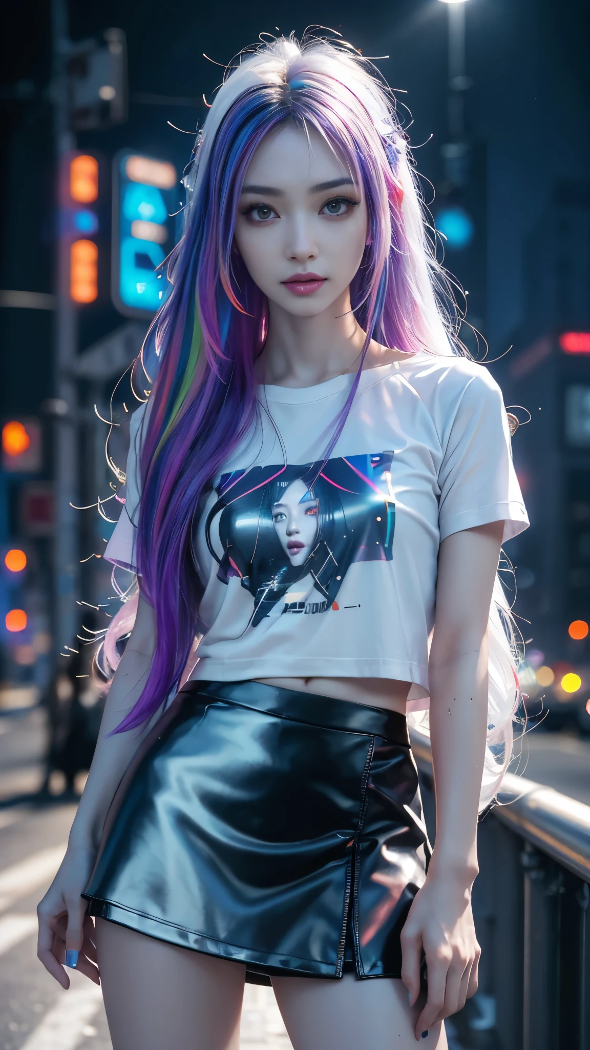 8k, UHD, masterpiece, 1 girl, ((good face)), very long hair, light makeup, (white skin:1.2), detailed eyes, small bust, simple cyberpunk clothing, ((rainbow t-shirt)), ((mini skirt)), (cyberpunk lighting:1.4), (building roadside), light effect, light reflection, ((spreading lights)), cyberpunk, cybercity, futuristic, (night), ray tracing, bloom, perfect pose,