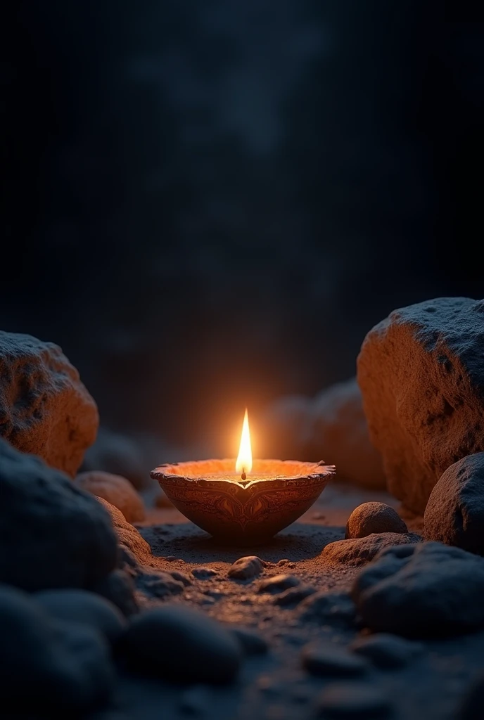 🪔in cave bt with black smooth rocks with indian touch