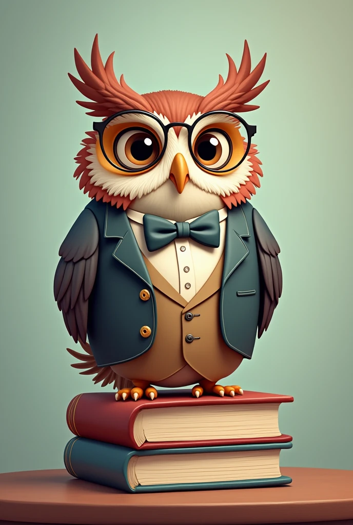 An owl wearing a suit and Bow tie and glasses on top of some books, cartoon, 2D