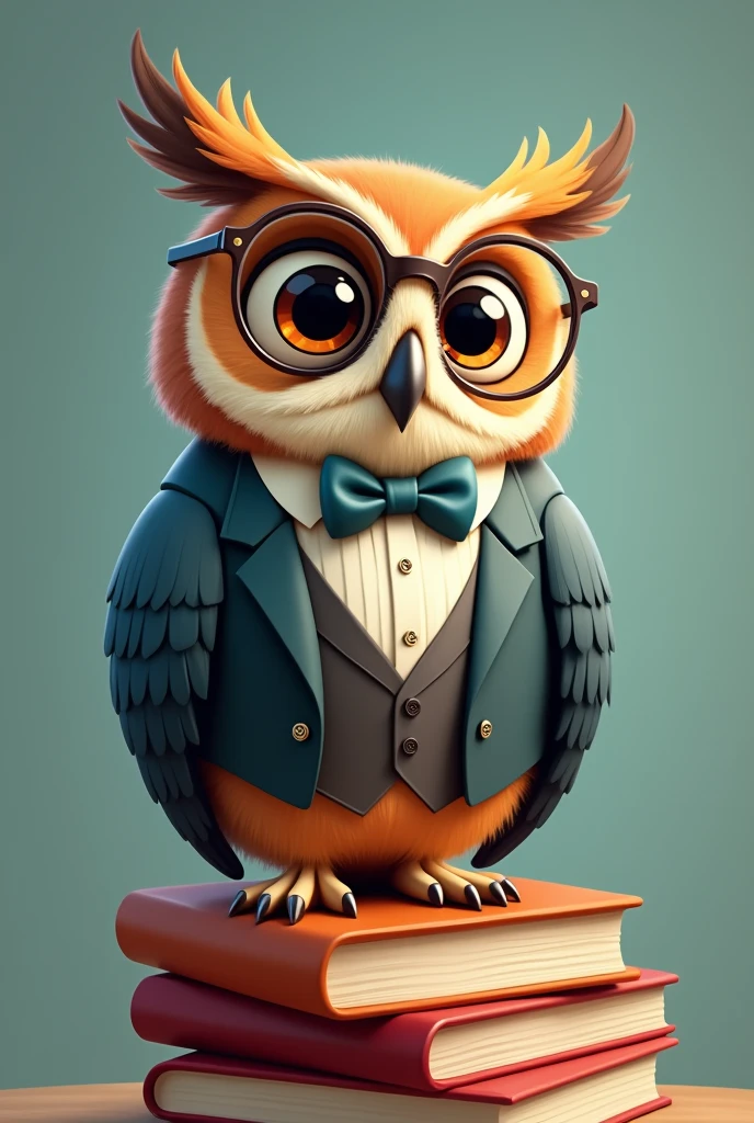 An owl wearing a suit and Bow tie and glasses on top of some books, cartoon, 2D