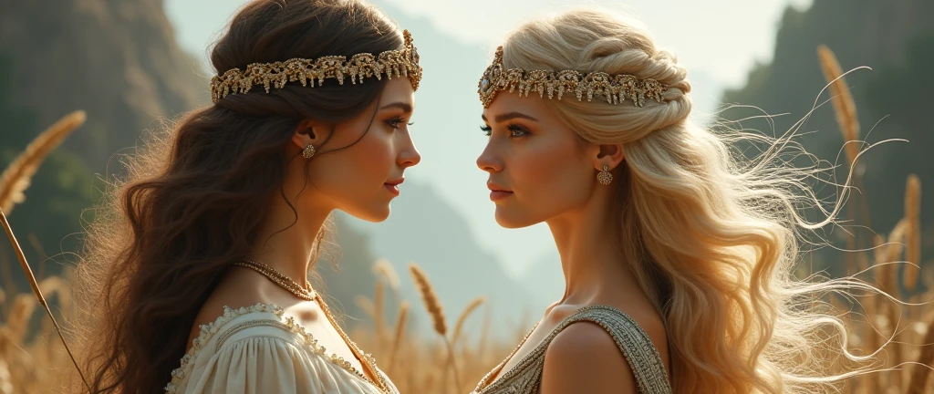 とても美しい二人の処女神のwhole body画像, Brown-haired Artemis from Greek mythology, Freyja the Blonde in Norse Mythology, whole body