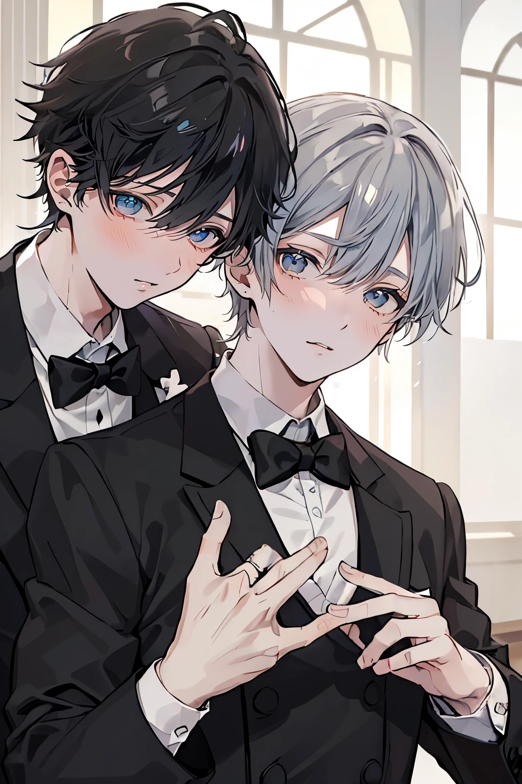 (Mastepiece)、(Best Quality)、Very detailed、((Two butlers:1.5))、Perfect Face、Beautiful Face、Very detailedな顔、(Black-haired man:1.3)、(Grey-haired man:1.3)、Deacon&#39;s uniform