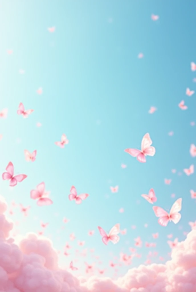 Butterflies flying towards the blue sky, with very light tones of pink which leaves a large space in the center for text
