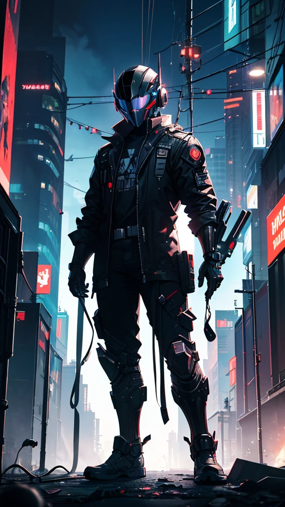 (Highest quality:1.3), (Top performance:1.2), (Best illustrations:1.2), (Comic book style:1.2), (Artistic Film Lighting:1.2) (1 person) Cyberpunk technology in futuristic electronic robe, His body is covered with metal parts, Horror movie-like background of a futuristic cyberpunk city, (Wearing a technical electronic helmet:1.2)