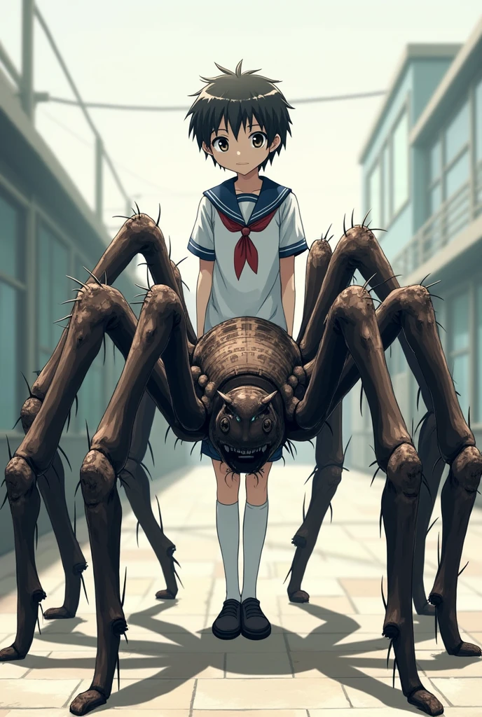 A boy's lower_body is becomed spider(Japanese anime style)(drider)(student costume)(eight legs)(entire spider_body)