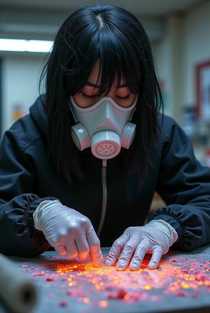 Resin artist with black hair wearing a gas mask and gloves