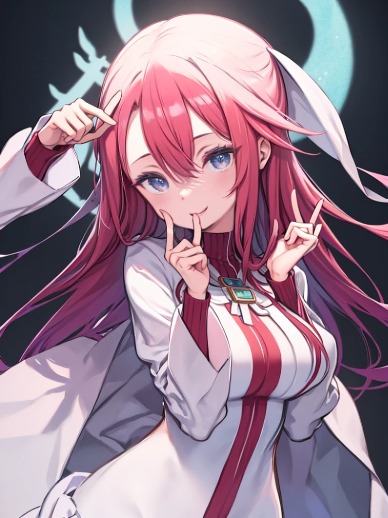 One Woman、Upper Body、Smiling、Wink、Close one eye、Pink lipstick、double eyelid、Long eyelashes、Red color hair、Hair between the eyes、long hair、Blue Eyes、Big Breasts、Huge breasts、(Red clothing)、Turtleneck sweater、Lip sweater、White Cape、((Place your index finger in front of your mouth、Hold your hand in front of your mouth with one finger up、Secret Gesture))、Air and Sea、