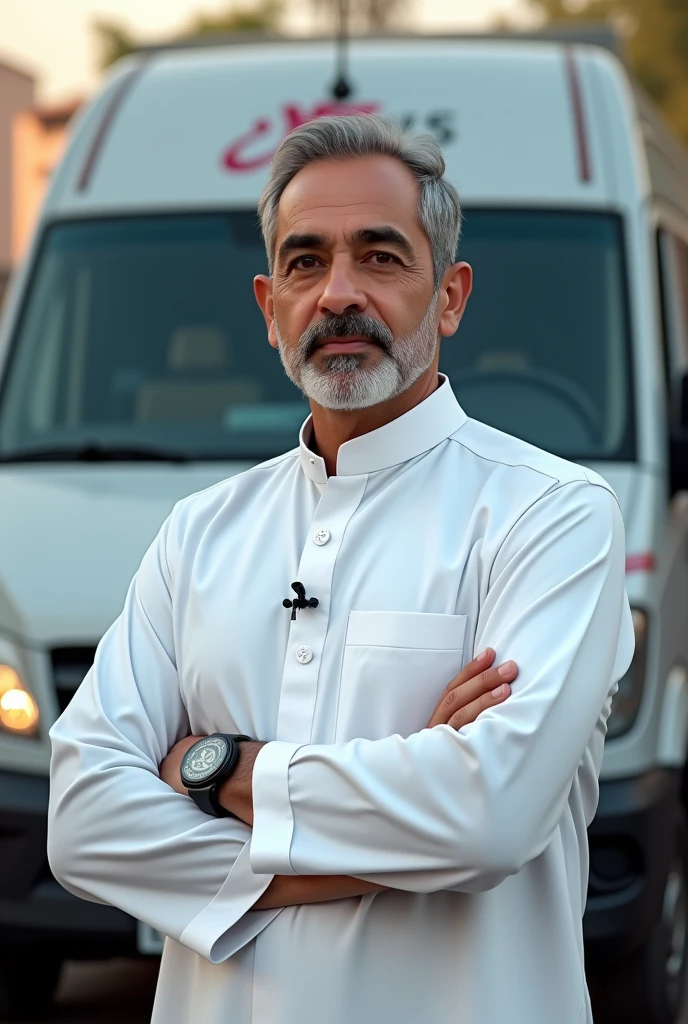Crate a news man image with qameez shalwar and bachside news car in news logo fix and beard clean shave and and age 35