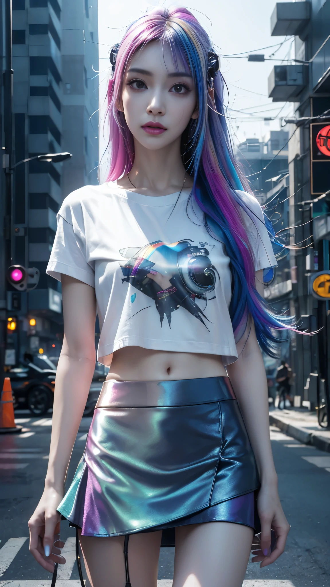 8k, UHD, masterpiece, 1 girl, ((good face)), very long hair, light makeup, (white skin:1.2), detailed eyes, small bust, simple cyberpunk clothing, ((rainbow t-shirt)), ((mini skirt)), (cyberpunk lighting:1.4), (building roadside), light effect, light reflection, ((spreading lights)), cyberpunk, cybercity, futuristic, (night), ray tracing, bloom, perfect pose,