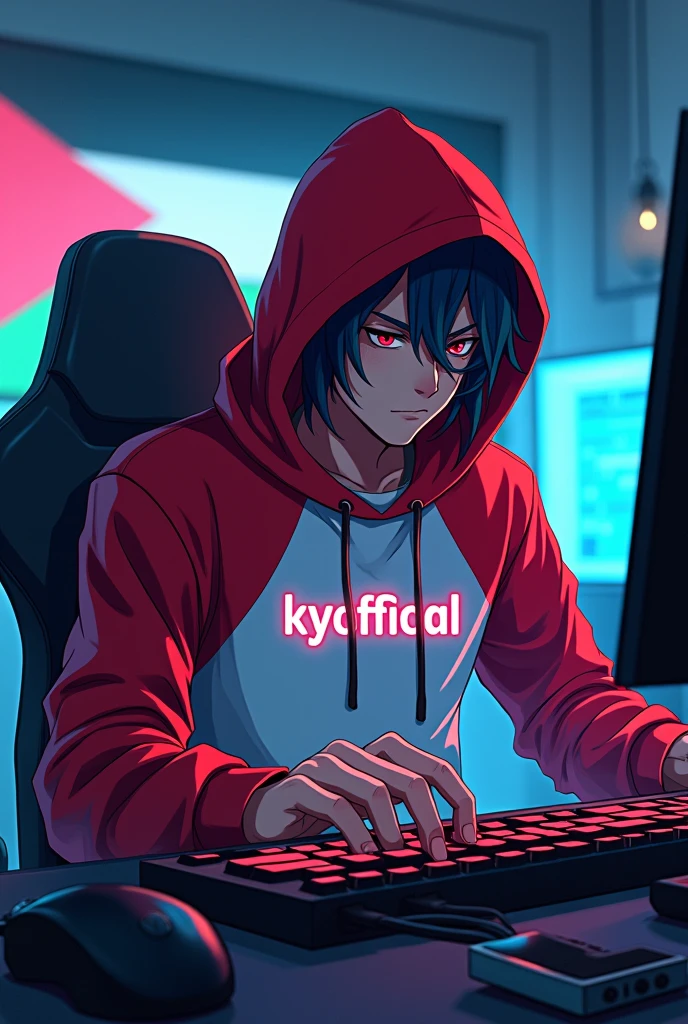 ANIME OF A HACKER WEARING A RED AND WHITE HOODIE WITH WRITING "KYYOFFICIAL" WHILE PLAYING PC GAMING AND PLAYING TERMUX AND WITH A GAMING ROOM BACKGROUND WITH A PALESTINIAN FLAG MOTIF 
