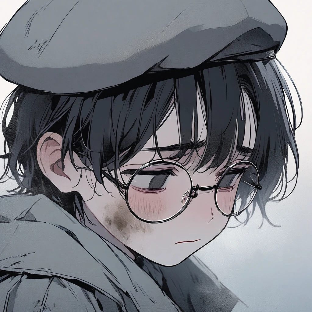 Young man, black hair, pastel colors, face close up, poor, beret, round glasses, simple, black eyes, orphan, dirty, oversized jacket, cold, sad, grey clothes, miserable, boy, lonely, black eyes, black hair