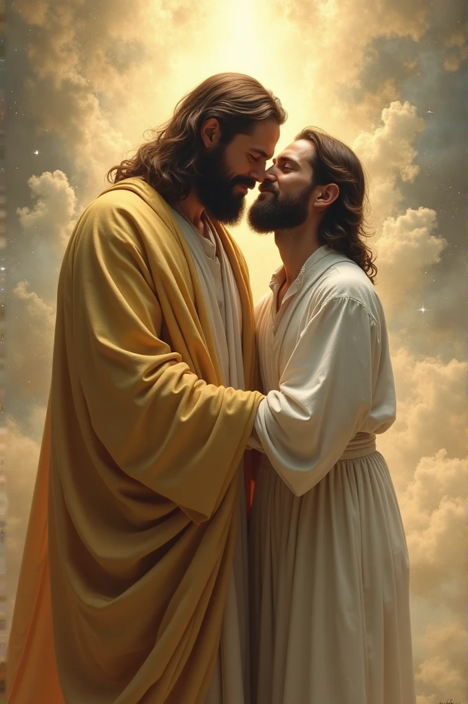Create an image of god embracing a man
