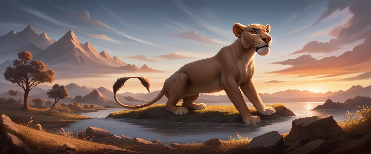 A stunning landscape of the African wilderness, a beautiful sunrise over a tranquil lake, a very small African hut on one side of the scene, dramatic cinematic lighting, majestic rock formations, no animals or evil, stunning view, extreme detail, (best quality, 4k, 8k, high definition, masterpiece: 1.2), extreme detail, (realistic, realistic, photorealistic: 1.37), dramatic lighting, cinematic composition Pixar style close to the Lion King animation The land area is larger than the lake Trees and rocks Attention to precise theatrical perspective High quality on the scale of theatrical design Clear details Greek character dominates the place, D&D game. Cartoon style