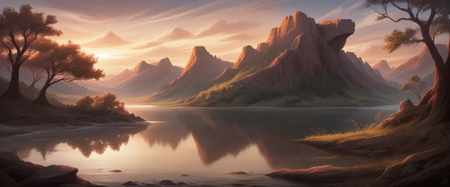 A stunning landscape of the African wilderness, a beautiful sunrise over a tranquil lake, a very small African hut on one side of the scene, dramatic cinematic lighting, majestic rock formations, no animals or evil, stunning view, extreme detail, (best quality, 4k, 8k, high definition, masterpiece: 1.2), extreme detail, (realistic, realistic, photorealistic: 1.37), dramatic lighting, cinematic composition Pixar style close to the Lion King animation The land area is larger than the lake Trees and rocks Attention to precise theatrical perspective High quality on the scale of theatrical design Clear details Greek character dominates the place, D&D game. Cartoon style