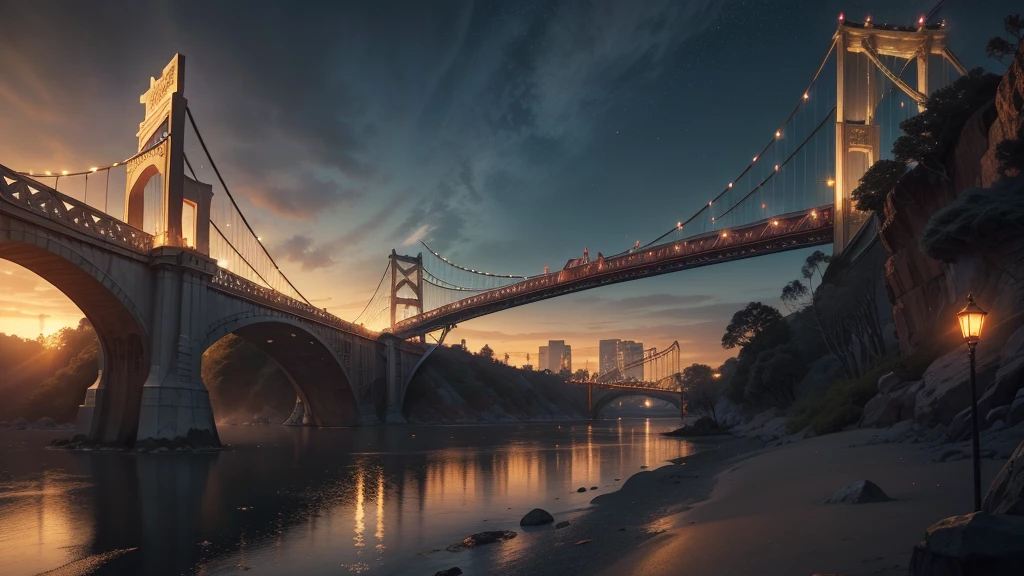 Golden Bridge to the City of Angels: "A grand, golden bridge leading into the city of angels, suspended over a shimmering river of light. The bridge is adorned with glowing runes and delicate, angelic statues. The city is visible in the distance, with its towering spires and radiant buildings, bathed in the soft light of the early evening, unattainable beauty, perfection, breathtaking elegance, g-curves, goddess-like figures, divine symmetry, artistic masterpieces, vivid realism, hyper-detailed life-like sculptures, truly impressive, impeccable craftsmanship, pure radiance, ethereal beauty, delicate contours, dramatic poses, sublime beauty, subtle nuances, dynamic compositions, vibrant colors, perfect lighting, soulful expressions, celestial aura, majestic presence, dreamlike atmosphere, unrivaled gdetailed high octane render trending on artstation, 8k art photography