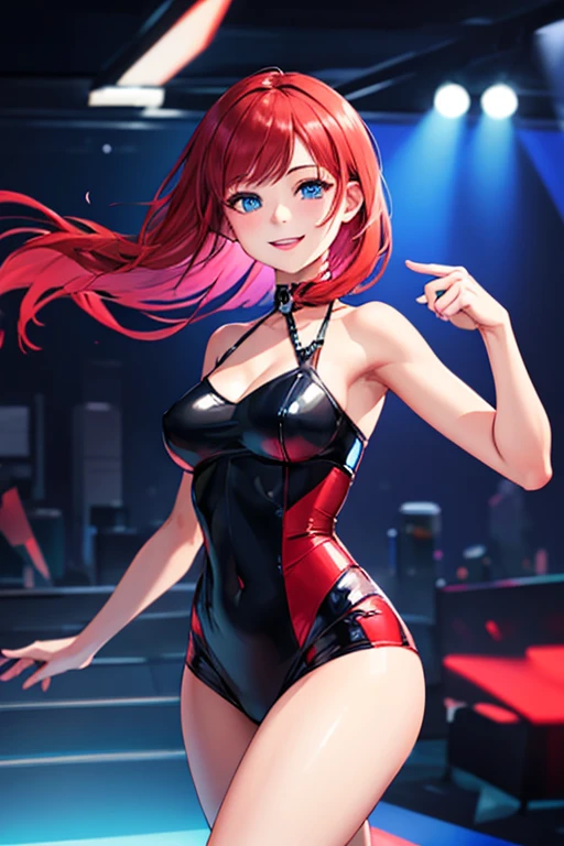high quality, subsurface scattering, chromatic lighting,
colorized, red + white limited color palette,
detailed concept drawing,
dancing, in a club, futuristic, cyberpunk,
portrait, 20yo 1girl, medium soft breasts, slender, long red hair, blue eyes, smiling