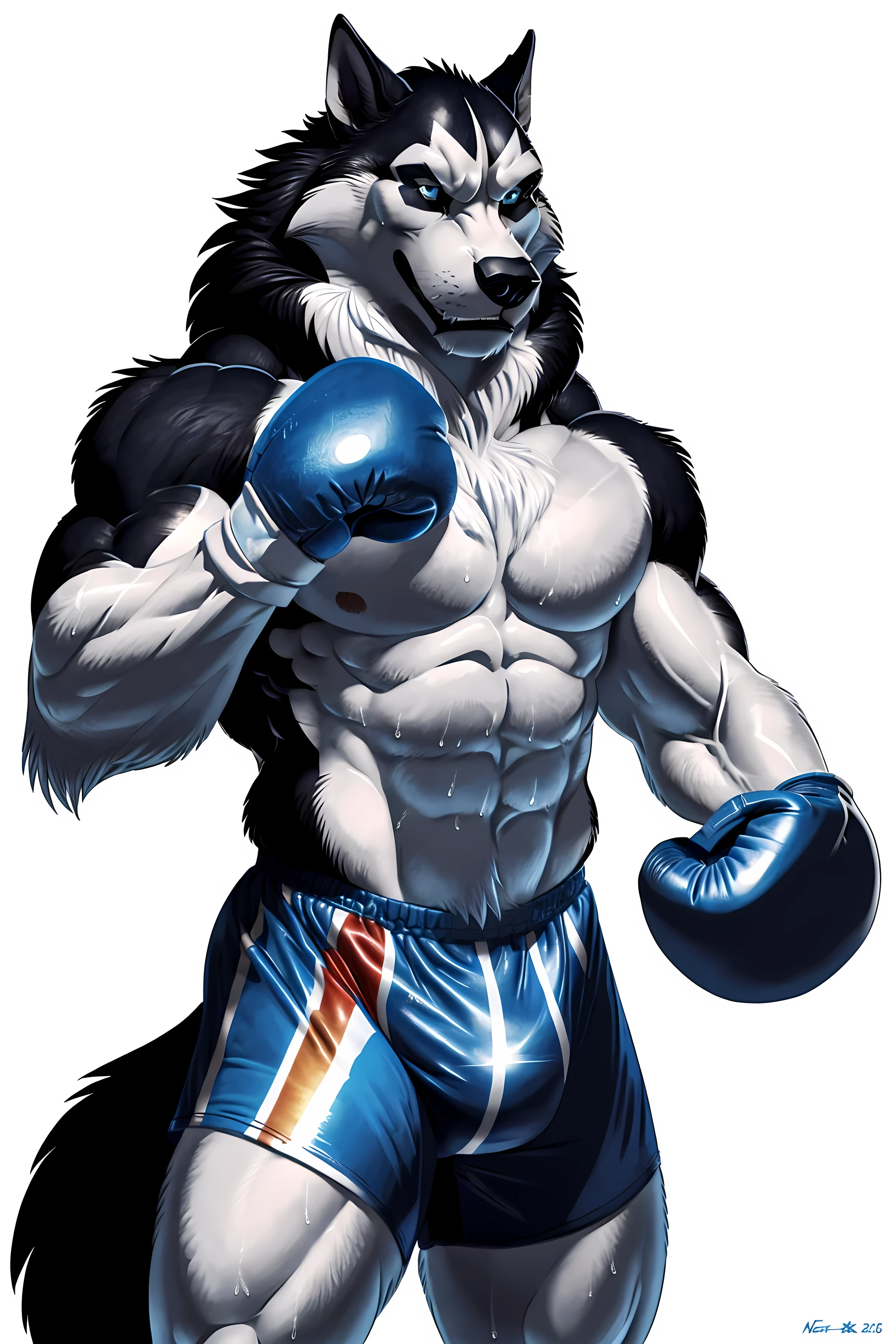 steele, steele (balto), alaskan malamute, ice blue eyes, solo, detailed, detailed face, detailed eyes, anthro body, black lineart, black outline, male, masculine, adult, very muscular body:1.2, muscles, cartoon shading, confident, proud, boxing shorts, wolf tail, (wearing boxing gloves, detailed boxing gloves):1.1, (no background, white background):1.5, bare chest, by wfa, by negger, cel-shading:1.2, boxing stance:1.2, fists raised, sweaty:1.2, stern face, half body, correct anatomy, correct proportions