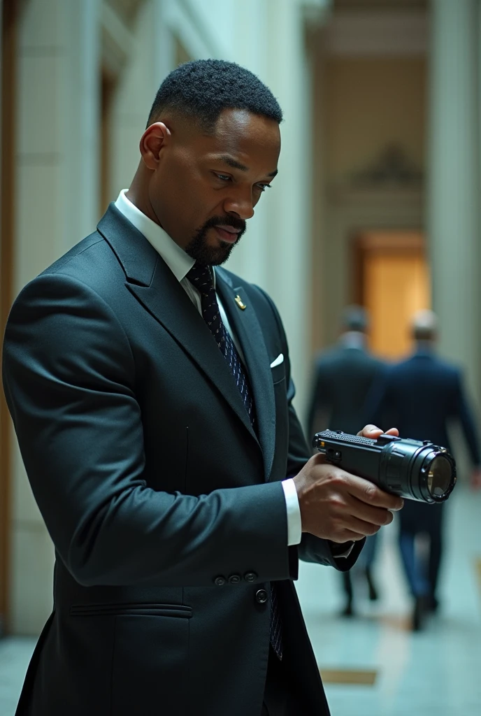  "Will Smith using a high-tech gadget to bypass a complex security system inside the bank."