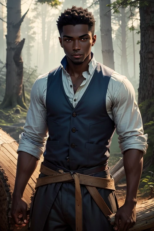 Dark skin,Face，portrait,male,Blue Eyes,Brunce,youth,No beard，woodcutter