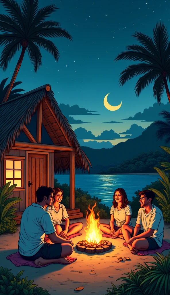 anime Illustration of Hawaii, a very cozy native Hawaiian home with firecamp outside the house a group of friends sitting in the camp fire with moon and laughing. evenings cozy vibe stars in the sky ,Hawaii , illustration , reteo comic illustration moody, melancholic, vibrant color, detailed, akira --ar 16-9 --niji 6