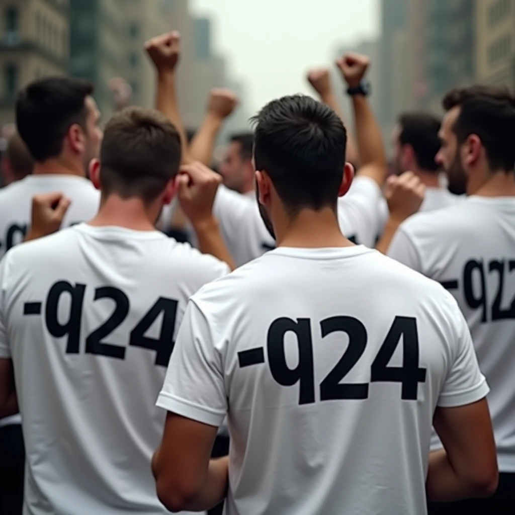 Many Men Campaigning, Hands Clenched, White T-Shirts, On The Backs Written "DG-QU24" In Big Letters