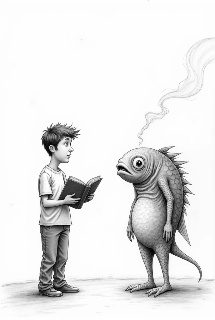 a person holding a book talking to a fish-like person who smells (pencil drawing with shadings) make it like a editorial cartoon