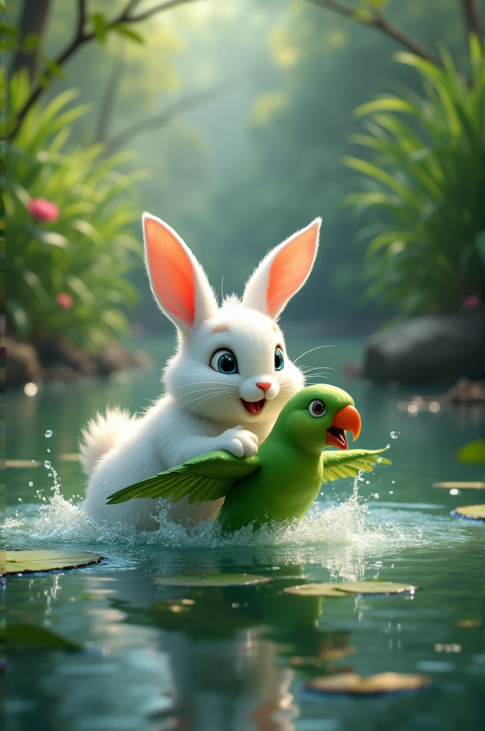 A white rabbit who save a green perrot in the water