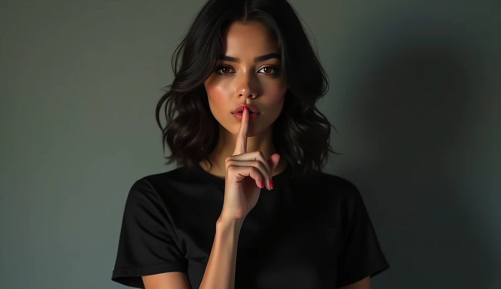 An young hot sexy girl in black t shirt having his index finger on his lips asking to be quite.