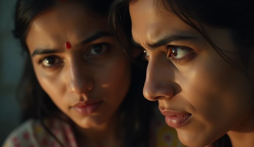 A close-up of Savita and Rahul’s male faces as they listen to the neighbor’s dire warning, their expressions turning from confusion to fear