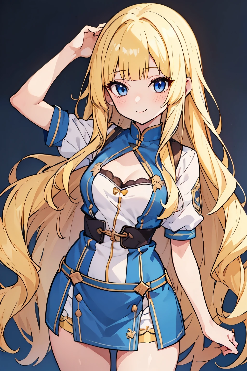 solo girl, (young female body:1.4), ( medium small breasts), cowboy shot, shy smile, flustered, yellow hair, extra long wavy hair, thick wavy hair, hime cut, very blunt bangs, yellow disheveled hair, light blue eyes, dynamic posing, various clothing style
