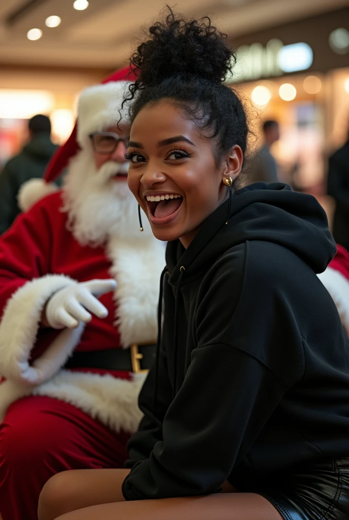 black woman hair in a bun black hoodie black leather short shorts excited look on her face with eyes really big and wide open setting on santa claus lap at the mall side shot