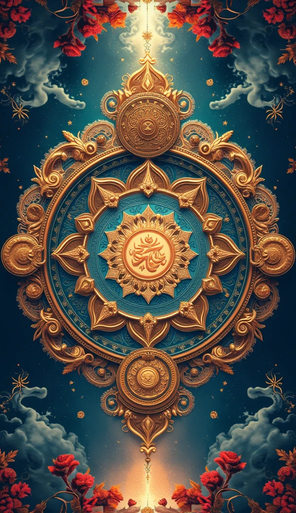 Aesthetic High definition android wallpaper based on colorful, detailed and elaborated illustration on Hindu culture, scriptures & symbols in vedic style and circular form with an astounding background