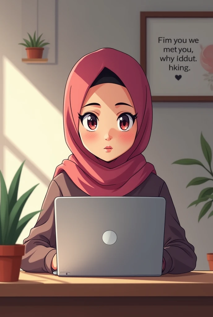 Hijabi without hair showing sassy cute anime who is working hard on laptop
