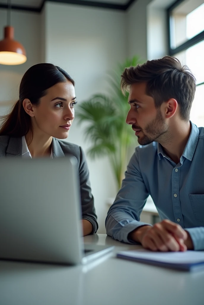A two person discuss a project in office sitting in a table with laptops with closeup image