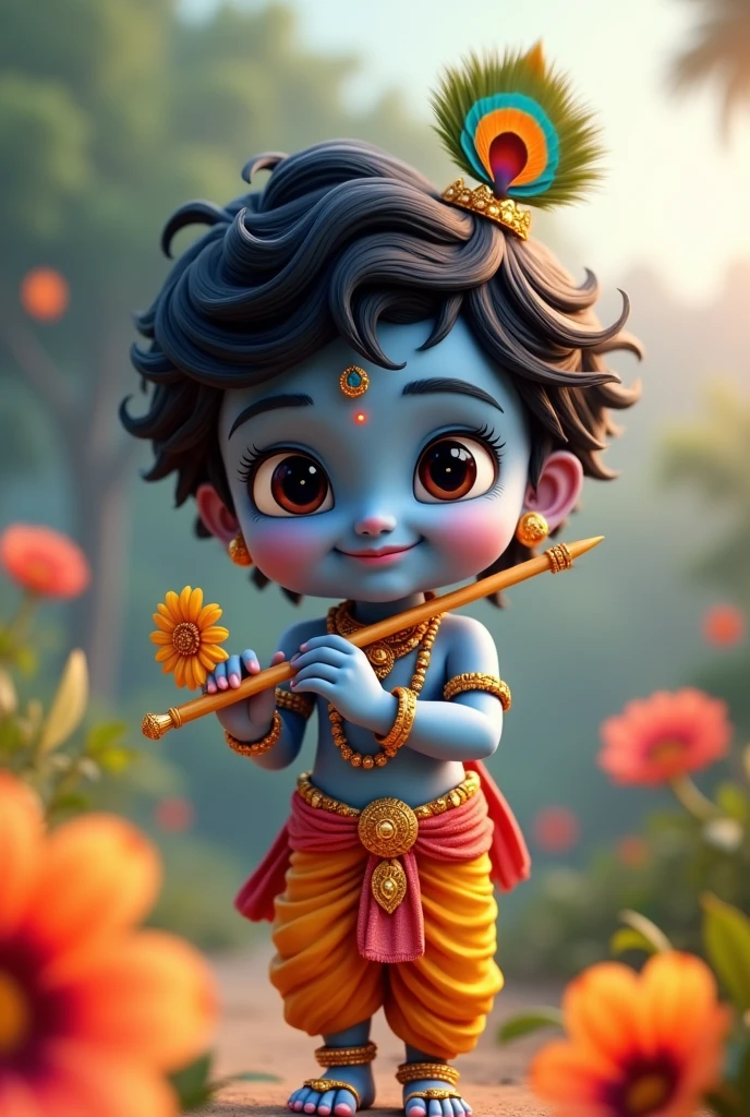 Make A Image of lord Krishna for his birthday 3D Cute Animation and Also Many Wishes For His Birthday by "Anand " Main Text