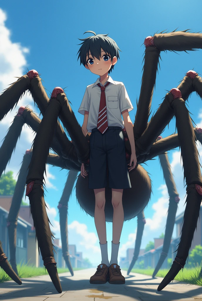 A boy's lower_body is transformed into a spider(Japanese anime style)(drider)(student costume)(eight legs)(entire spider_body)